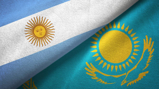 istock Kazakhstan and Argentina two flags together realations textile cloth fabric texture 1092804358