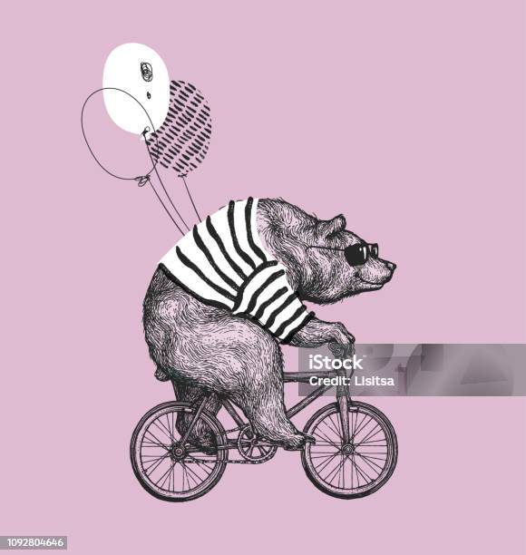 Cute Bear Wearing Cool Galssess Riding Bicycle Bear With The Balloon Tshirt Print Design Circus Show Illustration Tshirt Graphics Fashion Illustration Print Design Stock Illustration - Download Image Now