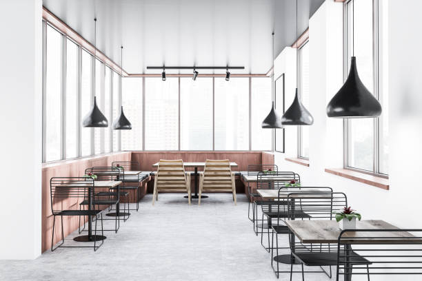 istock White and wooden restaurant interior 1092815780