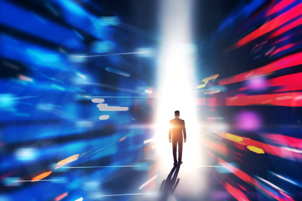 istock Businessman entering red blue vr tunnel 1092818662