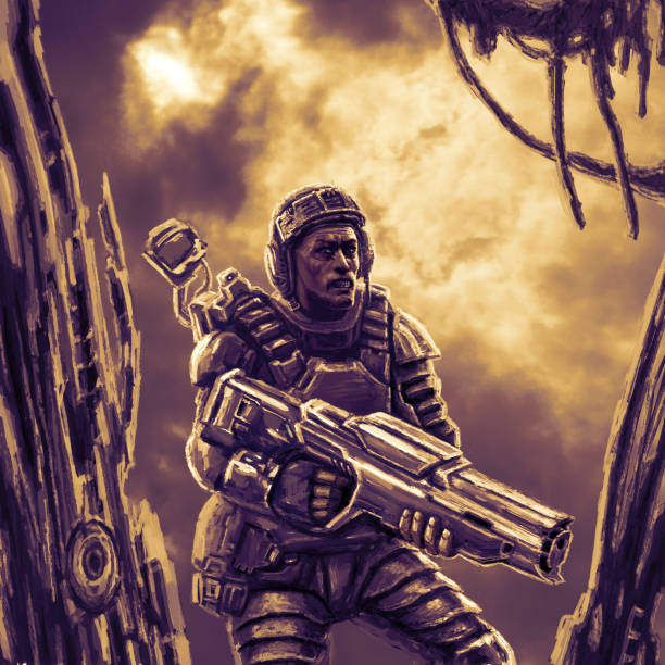 istock Space trooper in suit with heavy gun researching remains of spaceship. 1092819464