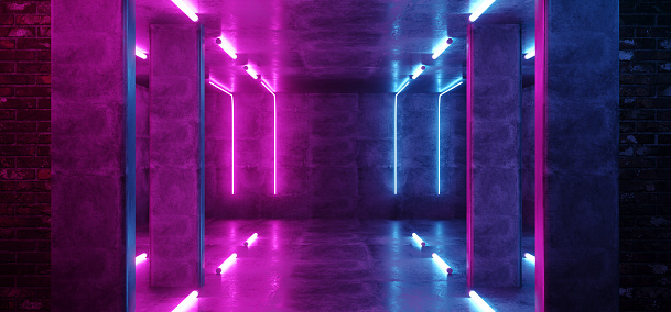 Sci Fi Modern Neon Glowing Background Laser Purple Pink Blue Lights In Grunge Concrete Brick Walls Room Empty For Text Retro Gallery Stage 3D Rendering  Illustration