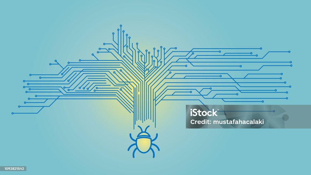 Computer bug with network circuit Computer bug on a blue network circuit Spyware stock vector