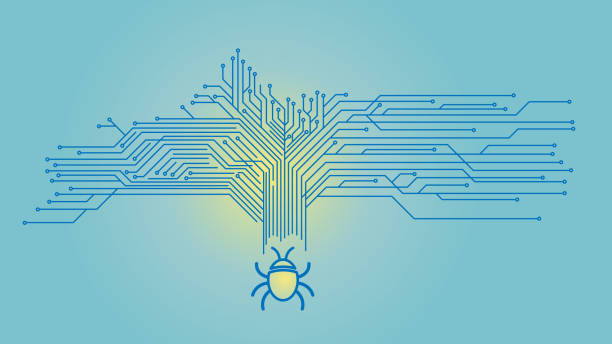 Computer bug with network circuit Computer bug on a blue network circuit electronic discovery stock illustrations