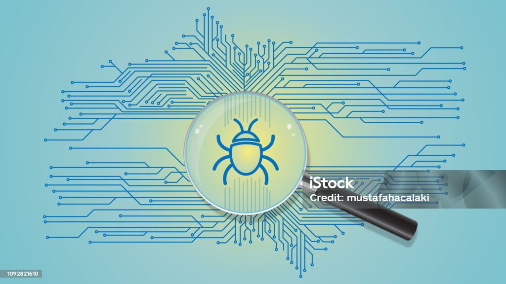 Bug Computer Capture Transparent Magnifying Lens Examining Computer Bug With Network Circuit Stock ...
