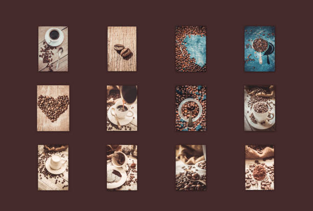 collage many pictures of coffee. Selective focus.