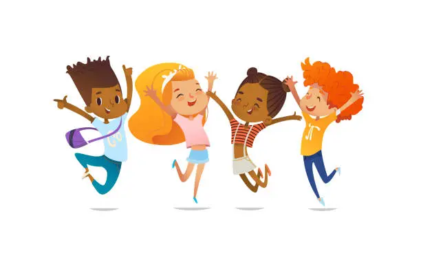 Vector illustration of Joyous school friends happily jumping with their hands up against purple background. Concept of true friendship and friendly meeting. Vector illustration for website banner, poster, flyer, invitation.