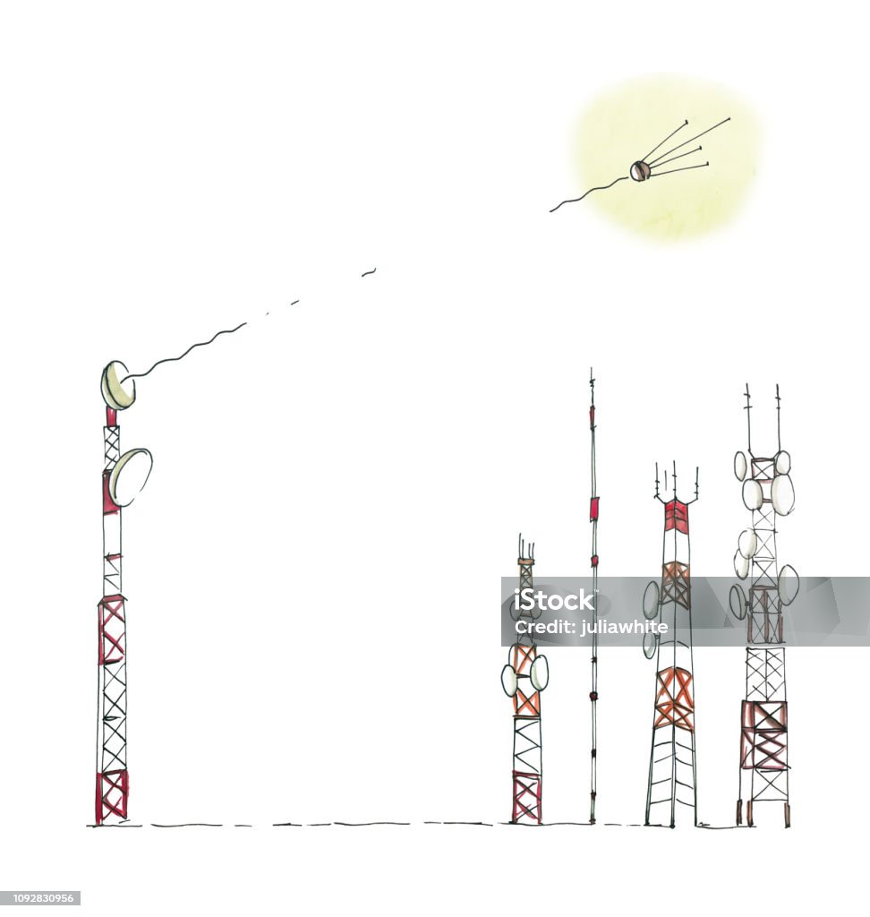 Satellite connection. Satellite connection. The satellite transmits the signal to the cellular antennas. Humorous drawing with watercolor. Isolated on white background."n Broadcasting stock illustration