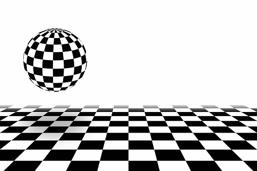 Black & white checkerboard sphere above checkerboard with vanishing point.