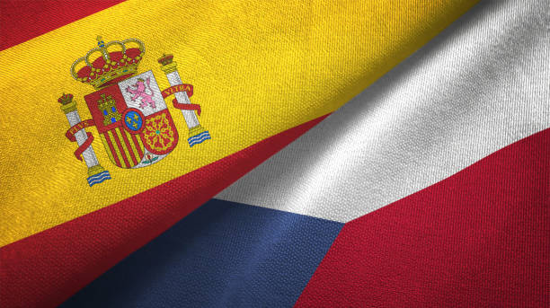 istock Czech Republic and Spain two flags together realations textile cloth fabric texture 1092843982