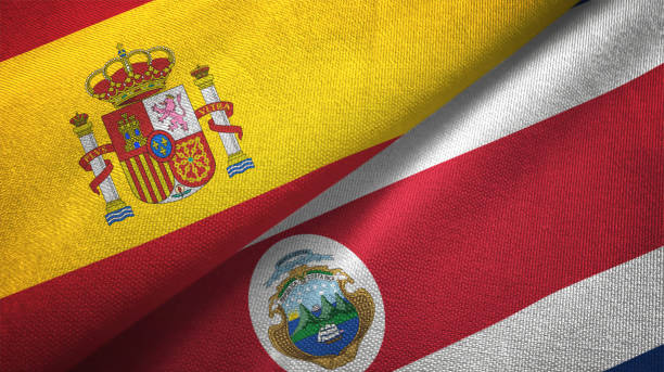 istock Costa Rica and Spain two flags together realations textile cloth fabric texture 1092843998