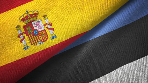 istock Estonia and Spain two flags together realations textile cloth fabric texture 1092844142