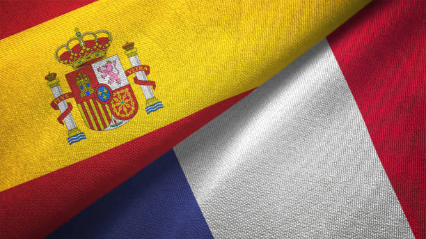 France and Spain two flags together realations textile cloth fabric texture
