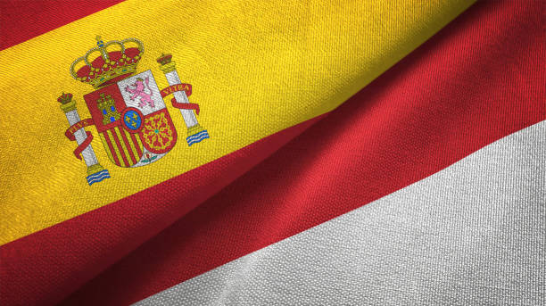 istock Indonesia and Spain two flags together realations textile cloth fabric texture 1092844258