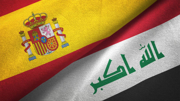 istock Iraq and Spain two flags together realations textile cloth fabric texture 1092844336