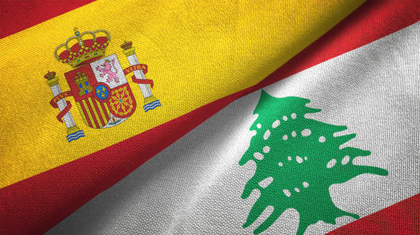 istock Lebanon and Spain two flags together realations textile cloth fabric texture 1092844946