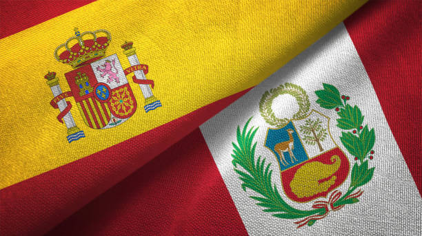 istock Peru and Spain two flags together realations textile cloth fabric texture 1092845278