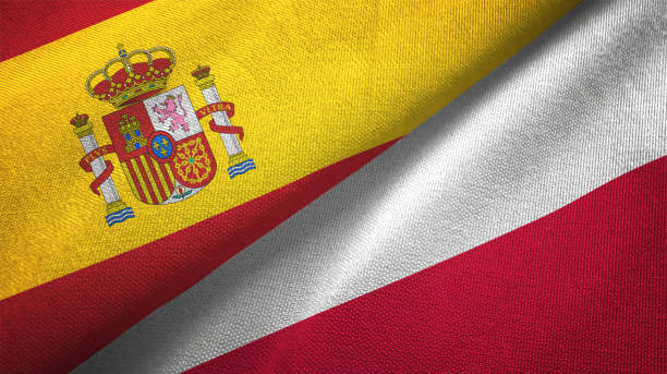 istock Poland and Spain two flags together realations textile cloth fabric texture 1092845356