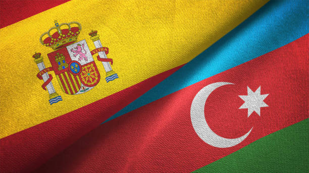 istock Azerbaijan and Spain two flags together realations textile cloth fabric texture 1092847174