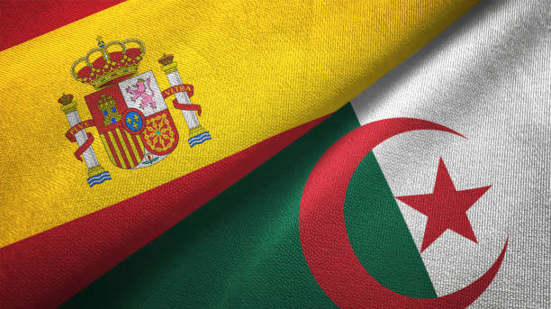 Algeria and Spain two flags together realations textile cloth fabric texture Algeria and Spain flag together realtions textile cloth fabric texture algeria stock pictures, royalty-free photos & images