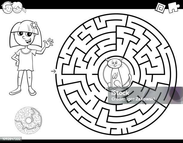 Maze Color Book With Girl And Cat Stock Illustration - Download Image Now - Child, Puzzle, Animal