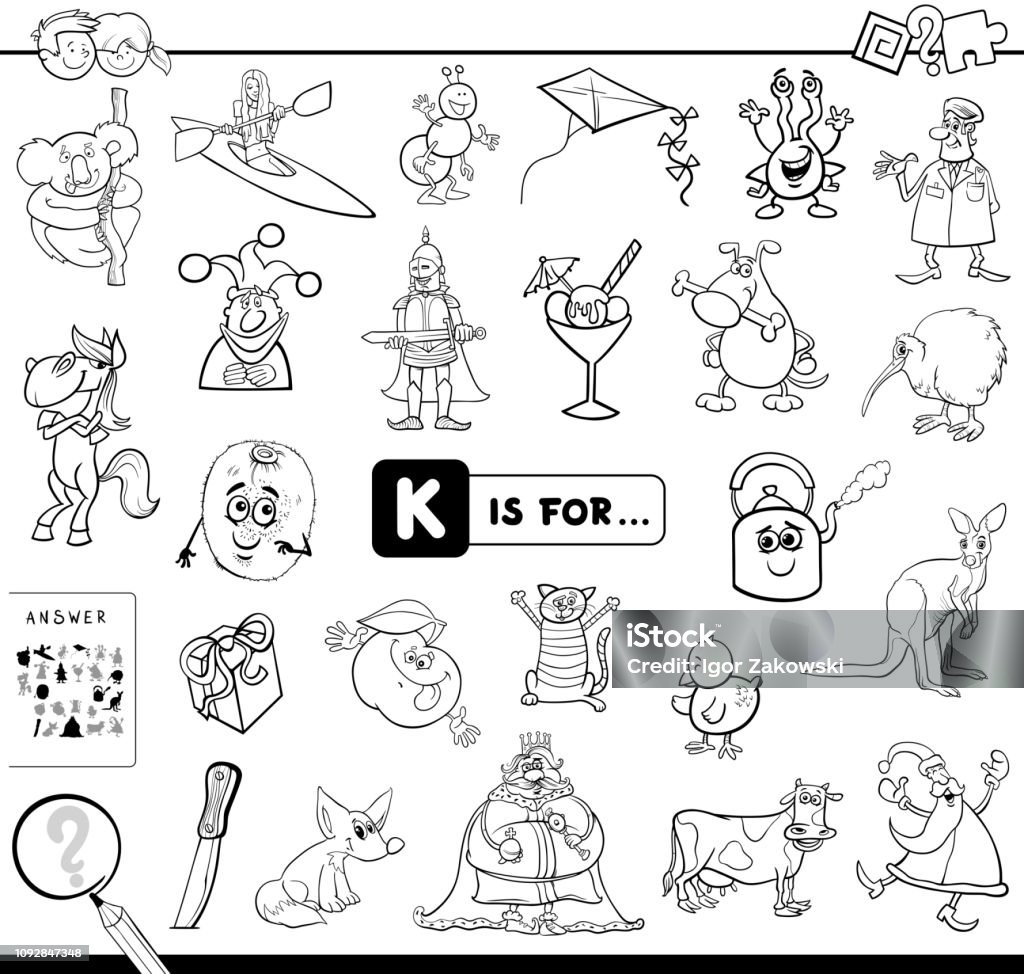 K is for educational game coloring book Black and White Cartoon Illustration of Finding Picture Starting with Letter K Educational Game Workbook for Children Coloring Book Alphabet stock vector