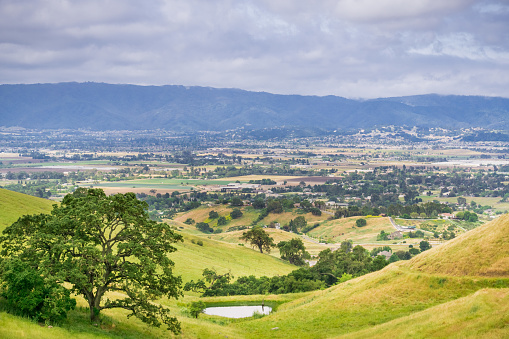 Aerial view of South Valley town as seen from Coyote Lake Harvey Bear Ranch County Park, south San Francisco bay, California