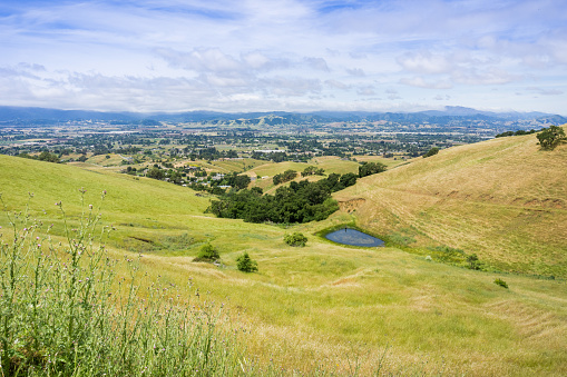 Aerial view of South Valley town as seen from Coyote Lake Harvey Bear Ranch County Park, south San Francisco bay, California