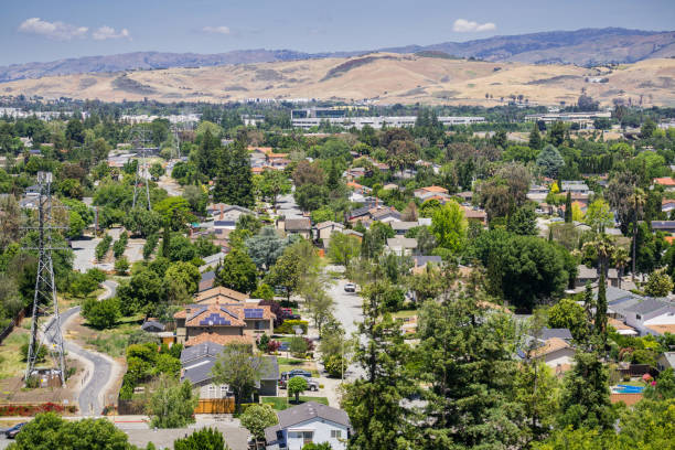 aerial view of residential neighborhood in san jose, south san francisco bay, california - bay san francisco county residential district aerial view imagens e fotografias de stock