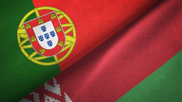 istock Belarus and Portugal two flags together realations textile cloth fabric texture 1092849392