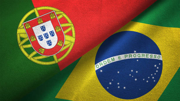 Brazil and Portugal two flags together realations textile cloth fabric texture