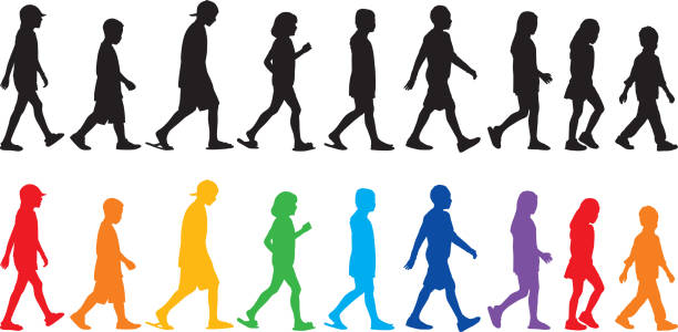 illustrations, cliparts, dessins animés et icônes de enfants marchant silhouettes - profile people in a row group of people people