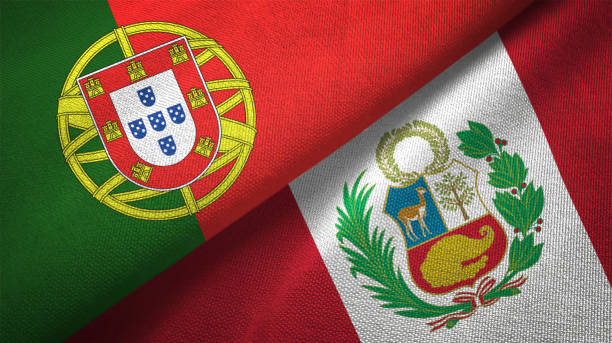 istock Peru and Portugal two flags together realations textile cloth fabric texture 1092852636