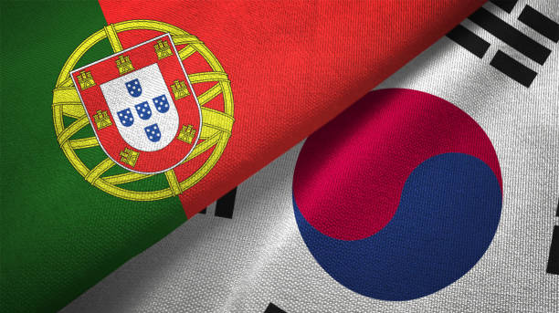 corée du sud portugal deux drapeaux realations ensemble textile tissu tissu texture et - portuguese culture portugal flag coat of arms photos et images de collection