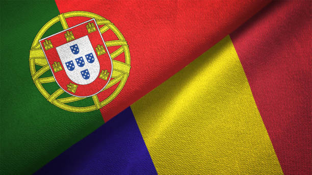 istock Romania and Portugal two flags together realations textile cloth fabric texture 1092854638