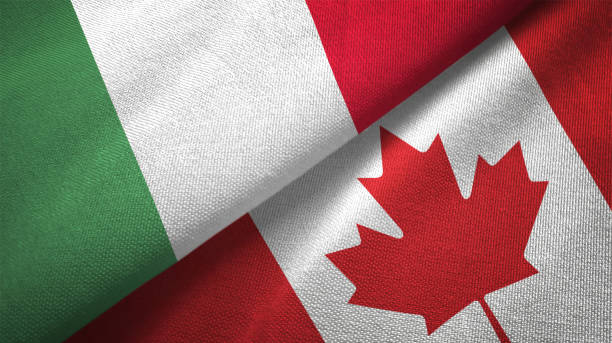 Canada and Italy two flags together textile cloth fabric texture