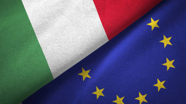 europäischen union und italien zwei fahnen zusammen textil tuch stoff textur - european community government flag sign stock-fotos und bilder