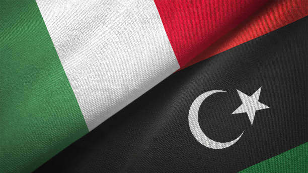 istock Libya and Italy two flags together textile cloth fabric texture 1092859866