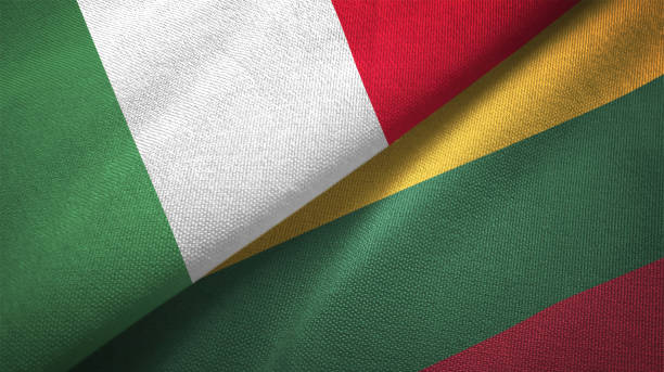 istock Lithuania and Italy two flags together textile cloth fabric texture 1092860114