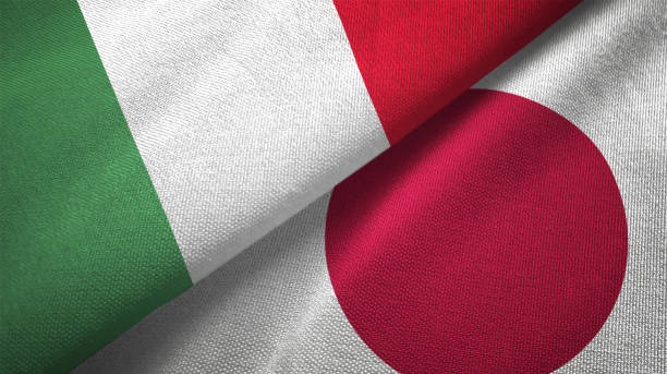 japan and italy two flags together textile cloth fabric texture - japanese flag flag japan textile imagens e fotografias de stock