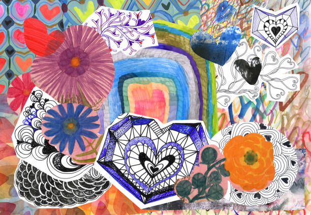 illustrazioni stock, clip art, cartoni animati e icone di tendenza di collage di fiori e cuori - tecnica mista