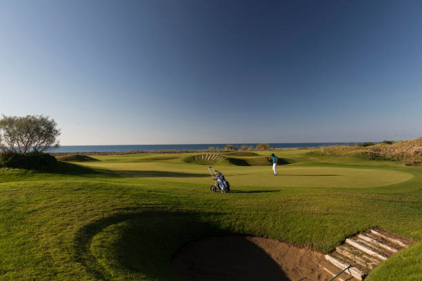 istock Links golf area wide angle photo while golf player shooting 1092865852