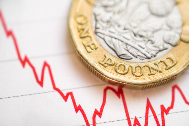 イギリス ポンドの為替レート: 為替レート増減赤グラフ表示にイギリス ポンド硬貨 - stock exchange 写真 ��ストックフォトと画像
