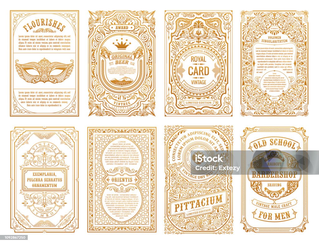 Vintage set retro cards. Template greeting card wedding invitation. Line calligraphic frames Vintage golden vector set retro cards. Template greeting card border wedding invitation. Line calligraphic frames. Floral engraving design label advertising place for text. Flourish ornate background Border - Frame stock vector