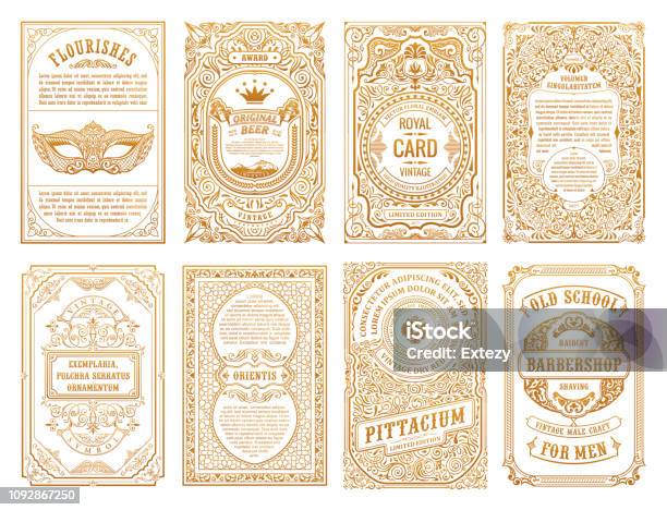 Vintage Set Retro Cards Template Greeting Card Wedding Invitation Line Calligraphic Frames Stock Illustration - Download Image Now