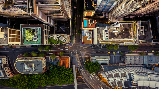 City streets at dusk as seen from above. Aerial photograph. Urban scene.
