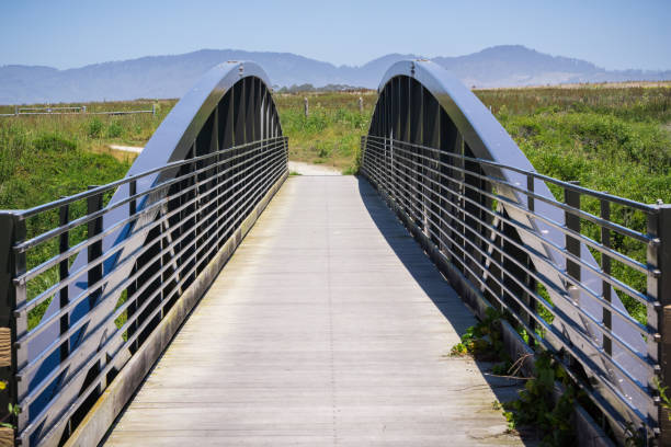 мост на прибрежной тропе возле залива полумесяца, калифорния - half moon bay стоковые фото и изображения