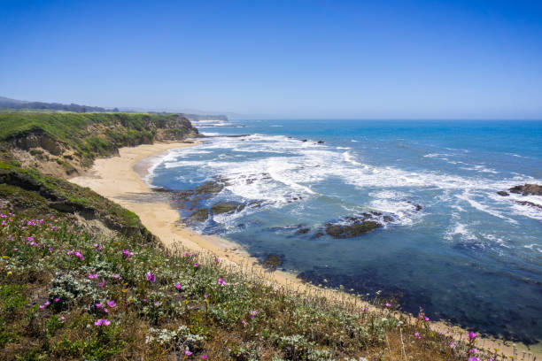 Cliffs and sandy beach on the Pacific Ocean coastline near Half Moon Bay, California