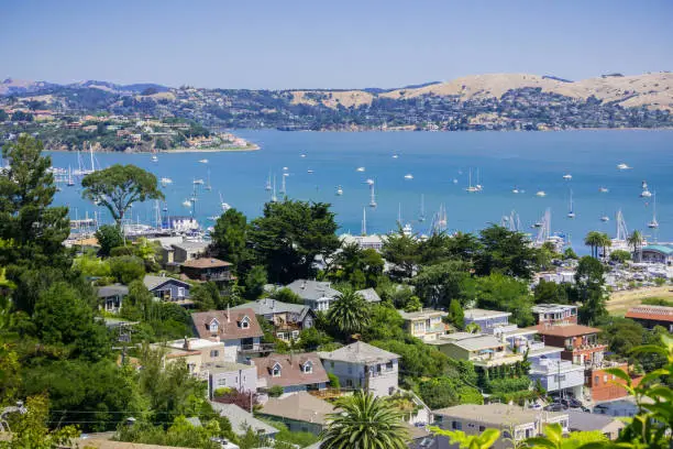 Photo of Aerial view of the bay and marina from the hills of Sausalito, San Francisco bay area, California