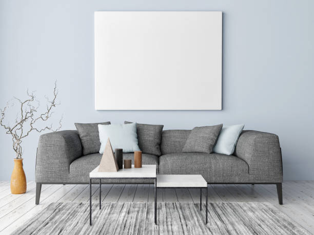 istock Mock up poster on hipster background, blue wall, decoration and sofa 1092885634